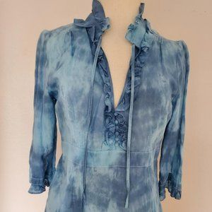 NEW tie dyed painted shirt navy Blue gray white summer ruffle medium 8 10 12 med